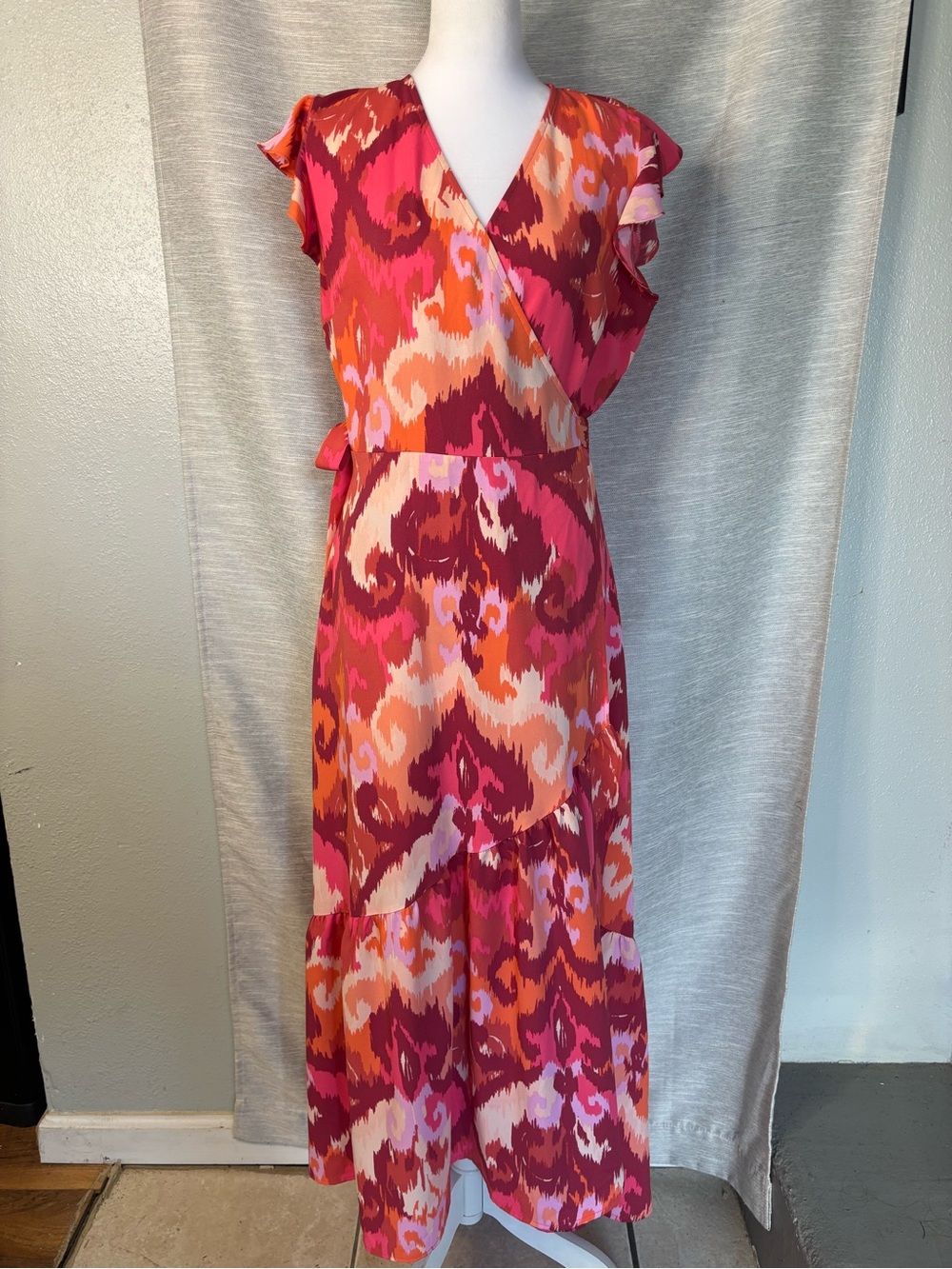 Bar III Pink and Orange Ikat Wrap Maxi Dress
